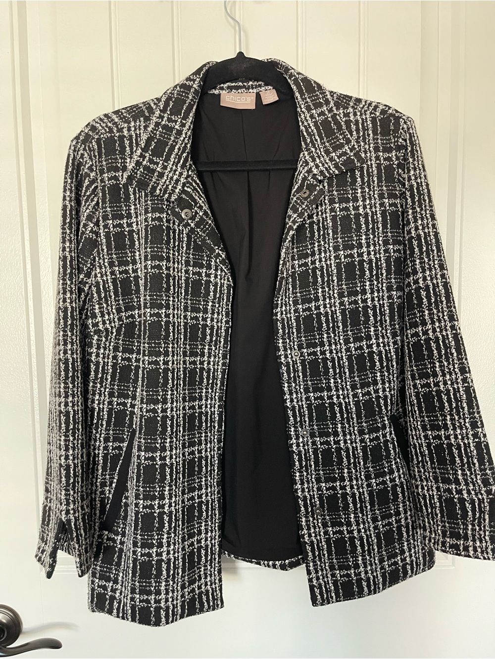 Chico's Black & White Plaid Open-Front Jacket